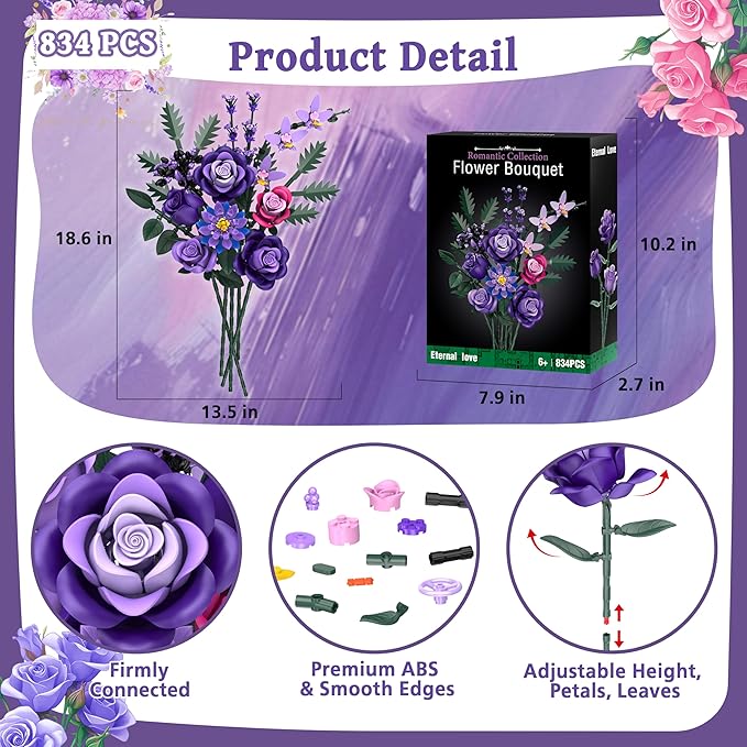 Purple Roses Flower Bouquet Building Sets, 834PCS Artificial Flowers Botanical Collection Compatible with Lego Flowers for Adults Gothic Decor, Gifts for Christmas Valentines Day