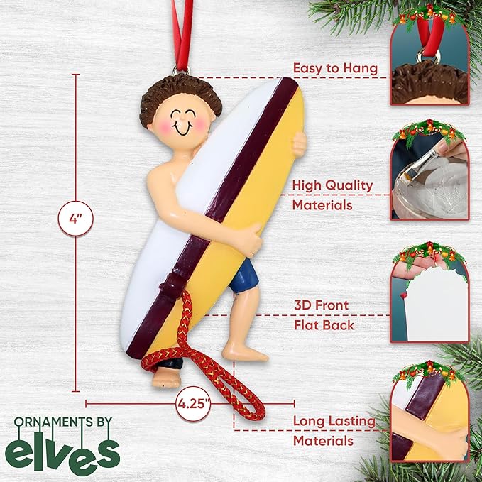 Personalized Surfboard Ornaments 2025 - Brunette Boy Surfer Ornaments for Christmas Tree Beach Surfboard Decor Surfing Ornament Gifts for Surfers Beachy Christmas by Elves