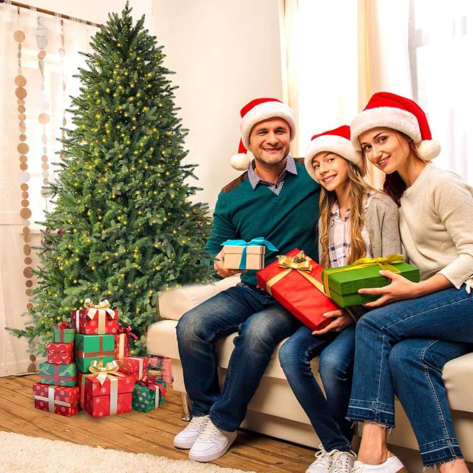 7.5ft Prelit Christmas Tree with 798 Warm White & Multi-Color LED Lights 1900 Branch Tips 3-Minute Quick Power Connect Pencil Xmas Tree for Holiday Decor Home and Party