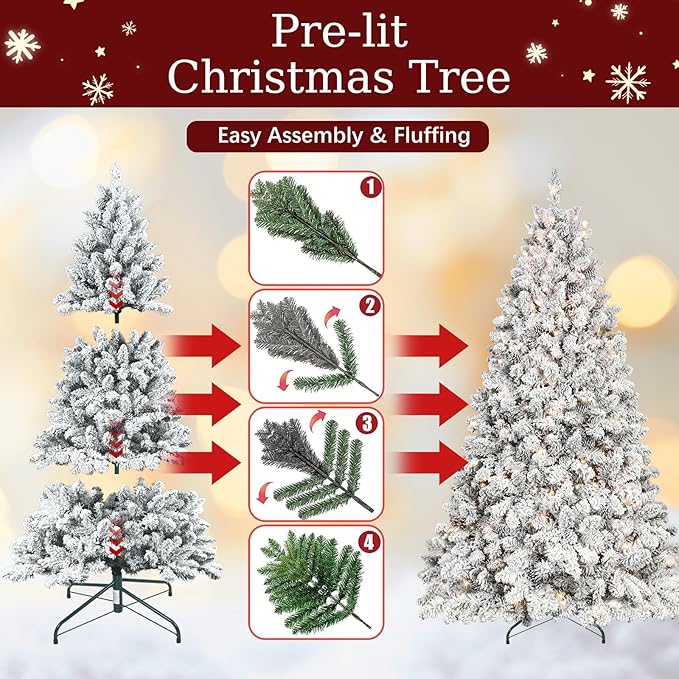 7.5ft Per-Lit Snow Flocked Christmas Tree, Artificial Christmas Tree with 550 Warm White Lights, 1474 Branch Tips, Premium Green Full Xmas Tree for Easy Holiday Setup, Foldable Metal Base