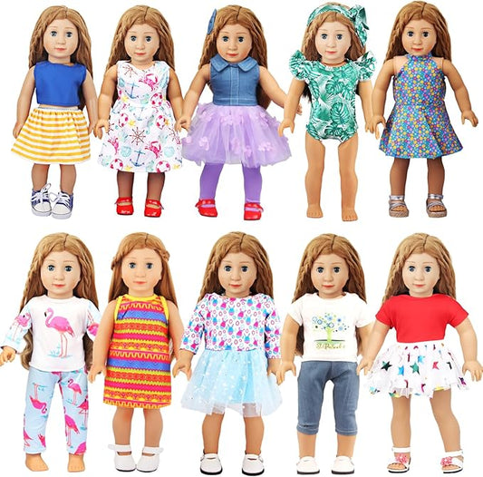 10 Sets of 18 Inch American Doll Clothes, Including 10 of Doll Clothing Dress Outfits for Gift Dolls, Birthday Gifts for Kids