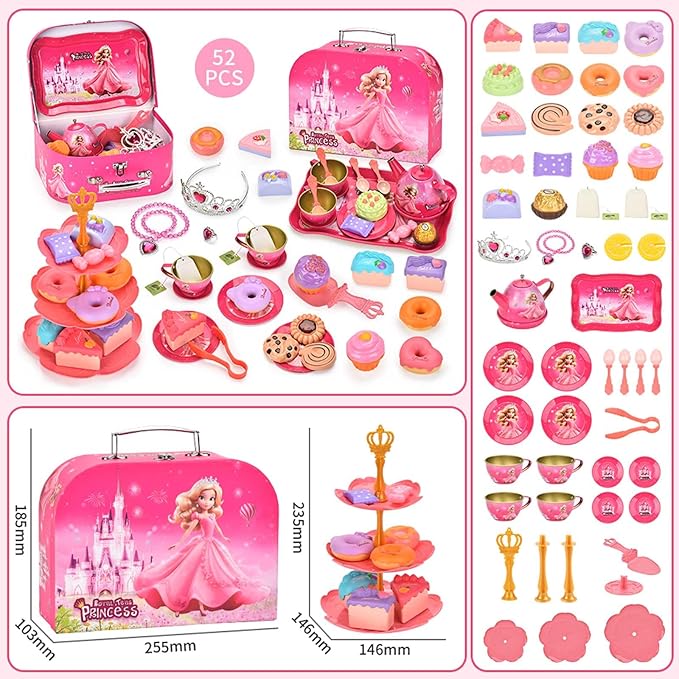 Tea Party Set for Little Girls, Pretend Tin Teapot Set, Princess Tea Time Play Kitchen Toy with Cups, Plates and Accessories for Birthday Easter Gifts Kids Toddlers Age 3 4 5 6