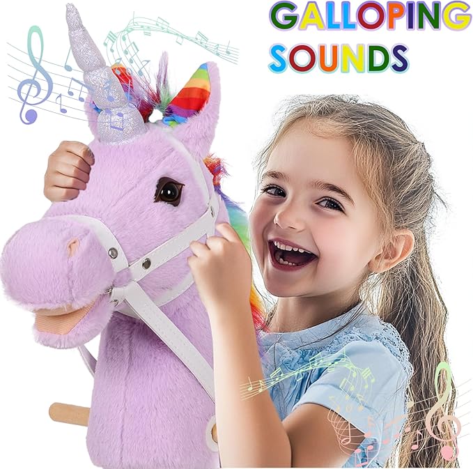 Plush Stick Horse with Wood Wheels Real Pony Neighing and Galloping Sounds Toy, Horse on A Stick for Toddlers & Preschoolers (AA Batteries Required)