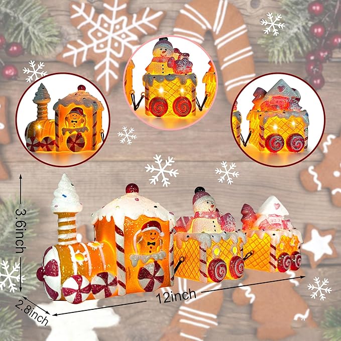 Christmas Table Decorations Indoor Train, Candy Cane Christmas Decorations for Tabletop, Xmas Pink Lighted Centerpieces Table Decorations for Home Outdoor, Xmas Train Decor Figurines