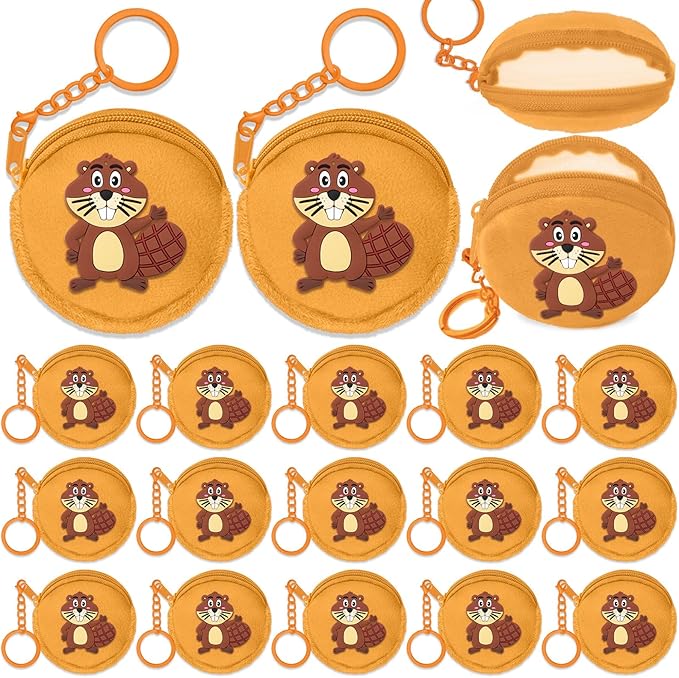 15 Pack Beaver Coin Purses with Keyring for Safari Party, Jungle Baby Shower, Wild Animal Themed Kids Birthday, Wild ONE First Birthday, Castor Gender Reveal,Khaki