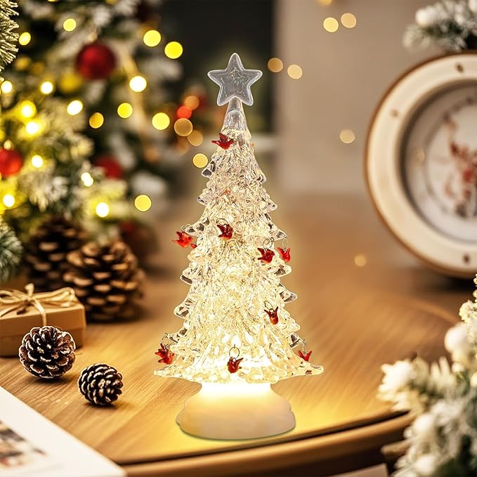 Acrylic Christmas Tree Table Decor, Light up LED Cardinal Christmas Tree Snow Globe with Swirling Glitte, Warm Lights Holiday Party Mantel Decorations Gifts for Family & Cardinal Lovers