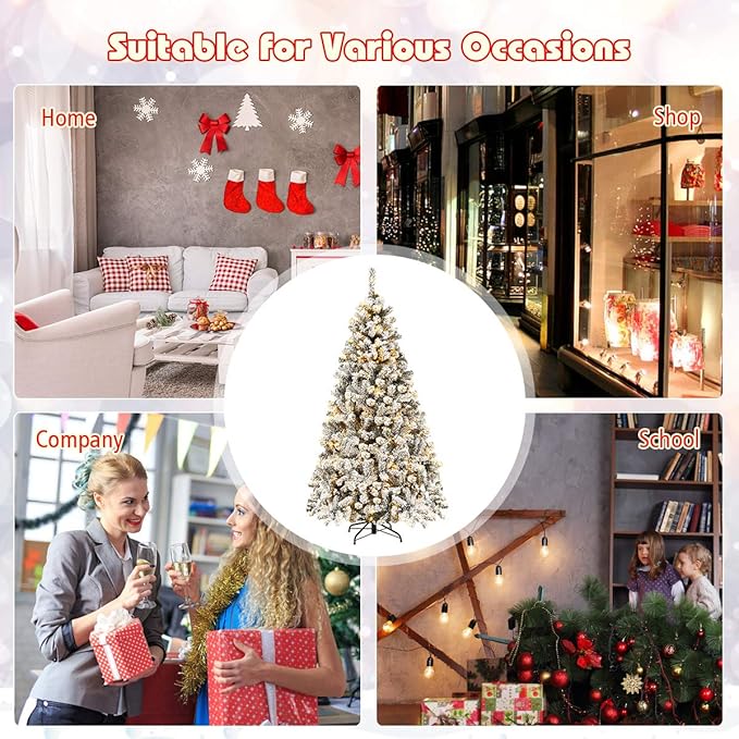 Goplus 6ft Pre-Lit Artificial Christmas Tree, Premium PVC Snow Flocked Hinged Pine Tree with Metal Stand and LED Lights, Perfect Xmas Decoration for Indoor and Outdoor
