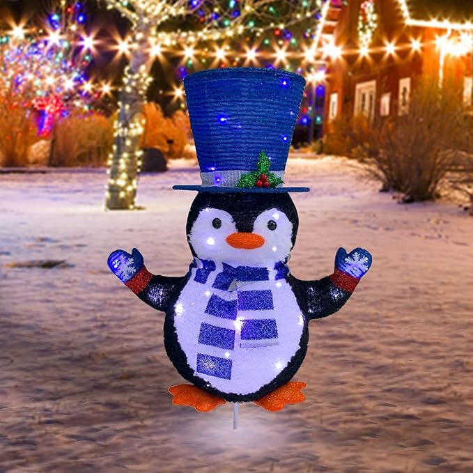 Lighted Penguin Outdoor Christmas Decorations, Pop-Up Penguin Outdoor Décor Prelit 60 Lights, Collapsible Lighted Blue Christmas Decorations for Porch, Yard, Garden-Blue