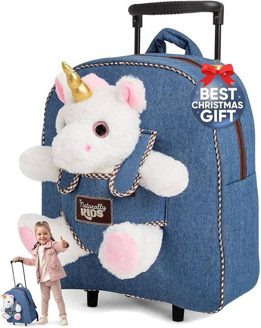 Toddler Luggage for Girls w Unicorn Toys, Kids Rolling Backpack for Girls, Toddler Suitcase, Gifts for 3 4 5 6 Year Old
