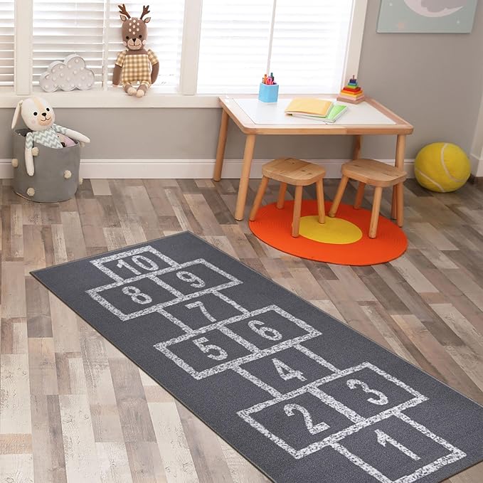 Ottomanson 2'7" x 6' Hopscotch Kids Rug - Play Mat for Playroom, Bedroom, Daycare & Classroom - Fun & Interactive Game Carpet - Durable and Non-Slip - Perfect for Learning & High-Traffic Areas, Gray