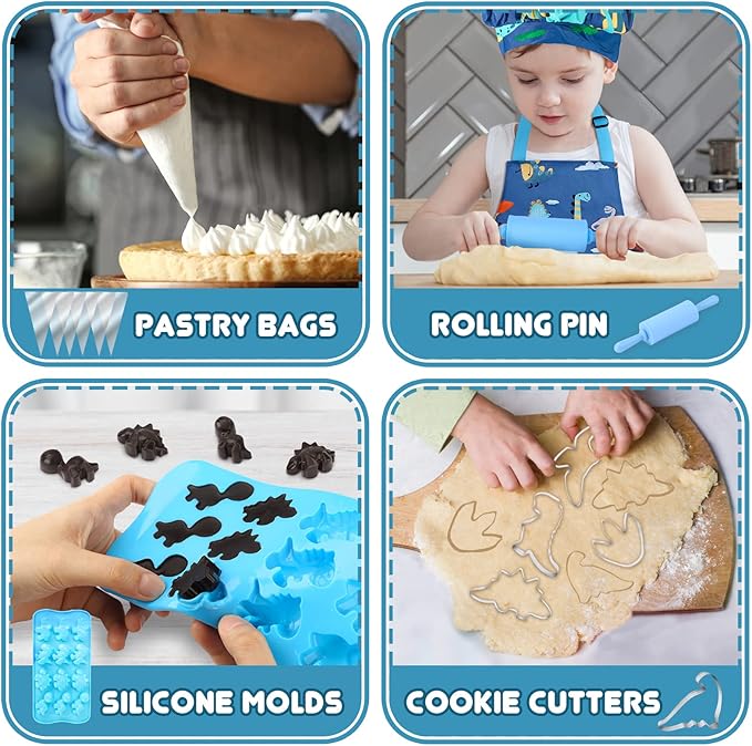 Aoskie Kids Baking Set with Dinosaur Apron and Chef Hat, Cooking Chef Set Baking Supplies Dress Up Role Play Toys Gift for 3-8 Years Old