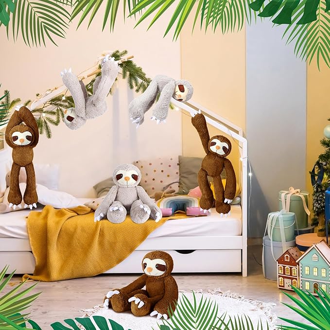 8 Pcs Hanging Sloth Stuffed Animal 18 Inch Three Toed Sloth Plush Toy with Hook and Loop Hands Hanging Sloth Toy for Boy Girl (Dark Brown, Gray)
