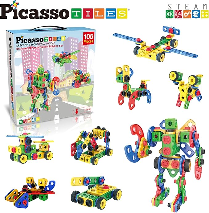 Picasso Toys STEM Learning Toys 105 Piece Building Block Set Kids Construction Engineering Kit Toy Blocks Children Early Education Playset w/IdeaBook, Power Drill, Clickable Ratchet, Age 3+ PTN105
