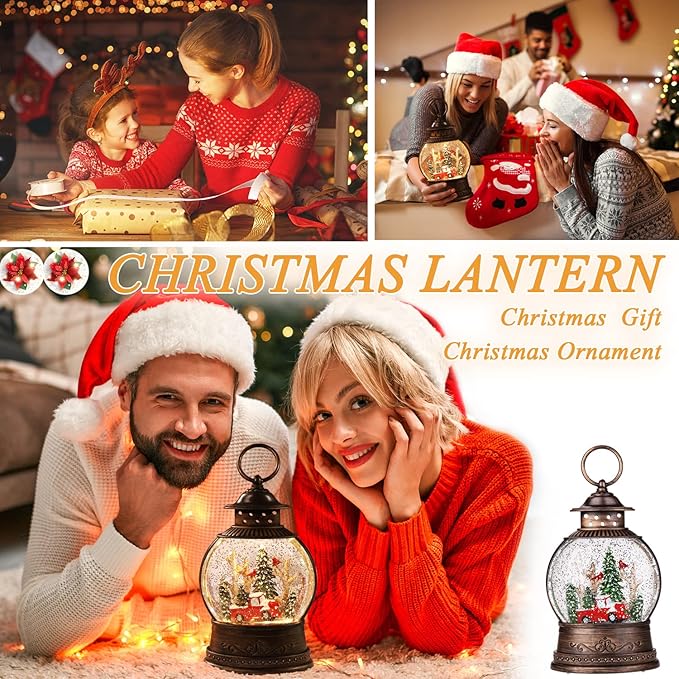 Christmas Snow Globes Lantern, Musical Snow Globe Christmas Decorations Water Lantern, Red Truck and Christmas Tree Scene Rotating Flashing Lanterns, Holiday Decor