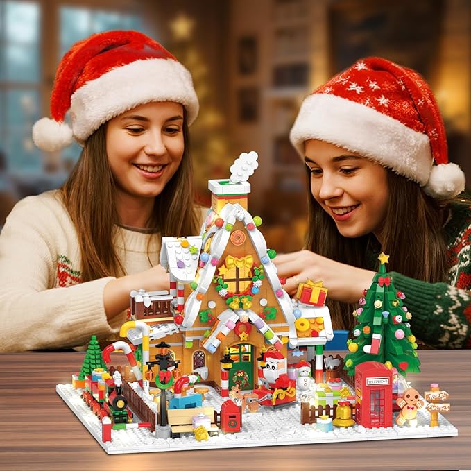 2025 Christmas Gingerbread House Courtyard Mini Building Set with Lights, Christmas Village Building Block Toy with Santa Xmas Tree Holiday Train Gift for Adults Boys Girls 14+ (1763PCS)
