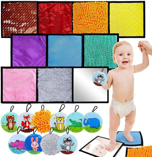 Baby Sensory Mats Animal Sensory Toys, 10 Various Textures Early Sensory Exercise Sensory Mats Sensory Toys for Kids 20 Pcs Baby Tummy Mat with Mirror Sensory Play Toys for Infant Newborn Toddler