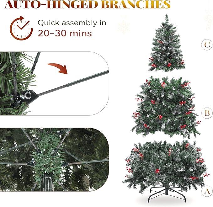 YITAHOME 6FT Prelit Christmas Tree with Remote, Artificial Hinged Pre-Decorated Christmas Tree with 58 Pine Cones & 58 Red Berries, Xmas Tree with 818 Frosted Tips, 250 Lights