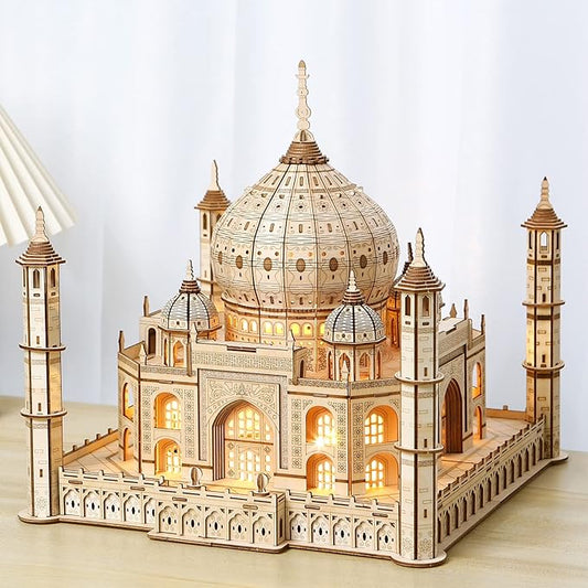3D Wooden Puzzle Architecture Building Taj Mahal Model Craft STEM Kit LED Light DIY Home Decoration Mother's Day Birthday Gift for Adults & Kids (Taj Mahal)