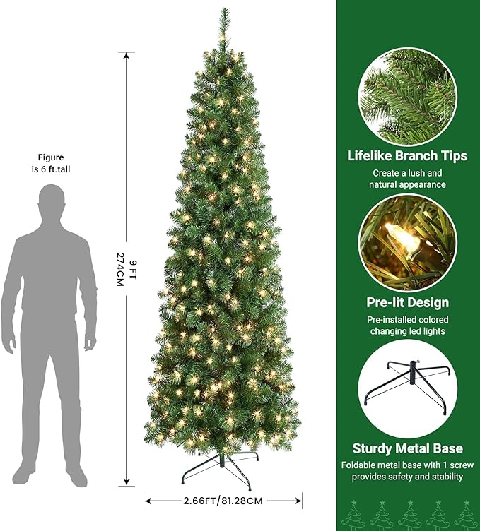 SHareconn 9 ft Prelit Artificial Hinged Slim Pencil Christmas Tree with Warm White Lights, Full Branch Tips, Good Choice Decoration for Xmas Holiday, 9 FT, Green
