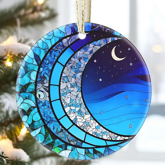 3.5 Inch Ceramic Christmas Tree Ornament, Blue Moonlight Christmas Ornaments, Heirloom Keepsake, Gift Exchange, Gift Idea, Bauble Present