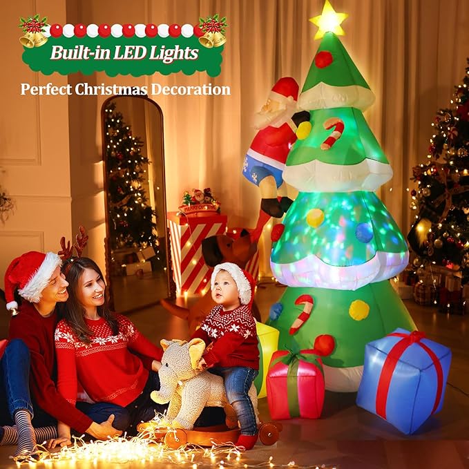 7.7 FT Christmas Inflatables Tree Outdoor Decoration Lighted Santa Claus Climbing Tree Chased by Dog Xmas Decor Blow Up Indoor Outdoor with Build-in LEDs and Gift Boxes & Dogs Lawn Yard Garden