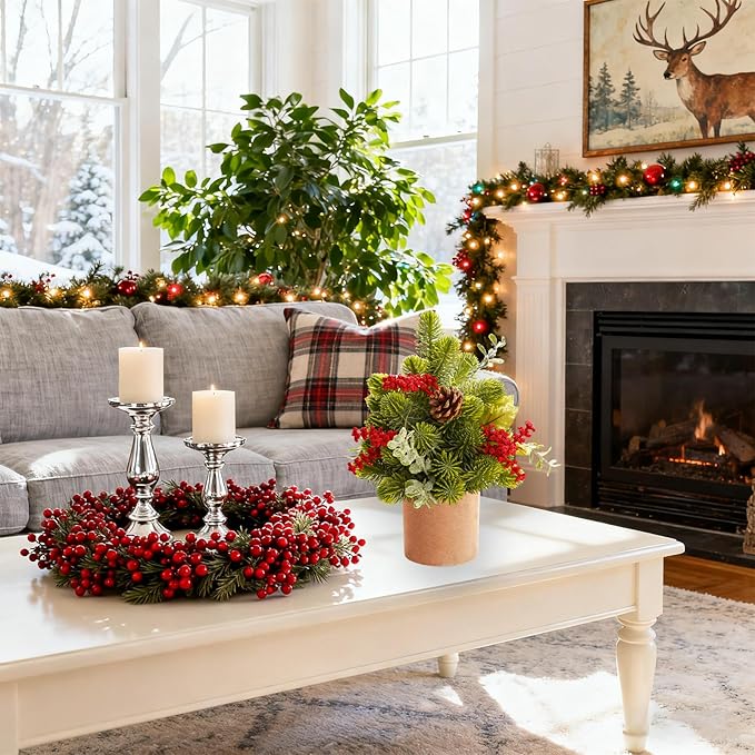 Small Christmas Tree, Artificial Mini Tabletop Christmas Tree with Pine Cones and Green Plants, Suitable for Christmas Decorations Indoor Tables in Households