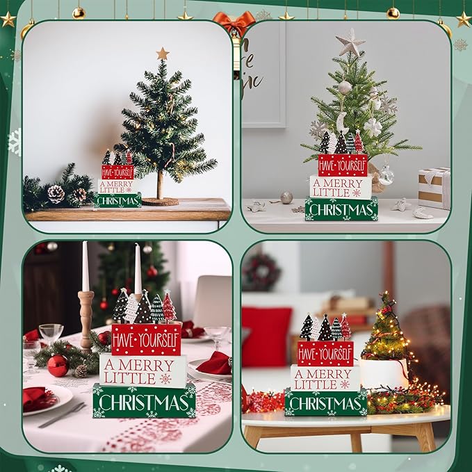 4 Pcs Christmas Table Decor Christmas Tree Wooden Table Decorations Winter Tiered Tray Decor christmas Centerpieces Rustic Decorative Tree Block Signs Gift Xmas table Sign for Home kitchen Shelf