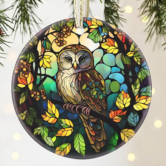 Owl Ceramic Christmas Ornament, 3.5 Inch Hanging Ornament for Christmas Tree, Gifts & Holiday Presents