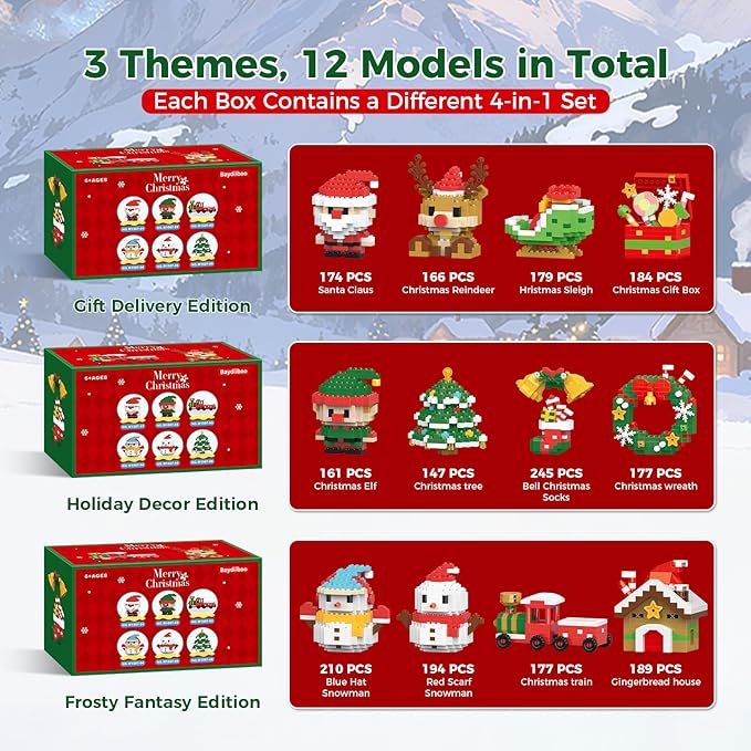 Mini Christmas Building Blocks Toy - 4 Pack Santa Claus Design Set, Holiday Crafts for Family, Kids, Boys & Girls, Ages 6+,DIY Christmas Stocking Stuffers Gifts,Xmas Newyear Birthday Gifts