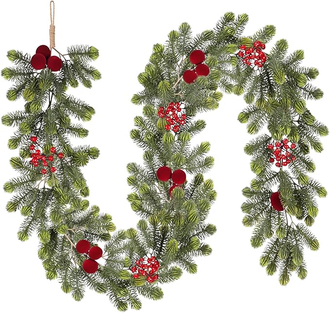 SY Super Bang 6FT Christmas Garland, Artificial Green Garland Christmas Decorations with Velvet Ball Red Berry Exquisite Ornaments, for Indoor Outdoor Home Table Fireplace Xmas Party Holiday Decor.