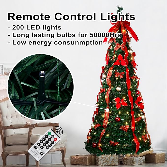 6FT Pop Up Christmas Tree with Prelit Lights and Decorations & Remote & Timer, Pull Up Artificial with Christmas Ball Ornaments Bows Ribbons for Xmas Party Decor