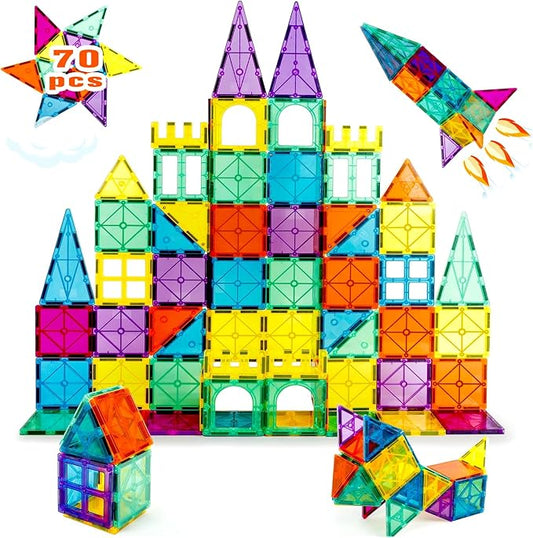 STEM Magnetic Tiles 70pcs, Montessori Sensory Building Blocks for Toddlers Ages 3+ Educational Construction Toys with Stacking Blocks, Creative Learning for Boys & Girls