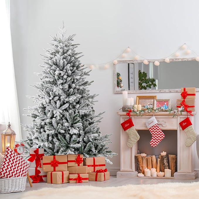 GOFLAME 6ft Pre-Lit Christmas Tree Snow Flocked, Hinged Artificial Xmas Tree with 820 Branch Tips, 260 Multi-Color LED Lights, 8 Lighting Modes, Holiday Decoration Tree for Home Office Party