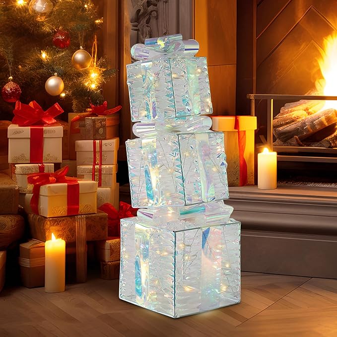 Christmas Light Gift Box Decorations, 3-Piece Set, Pre-Strung Wired Gifts with Bows, Illuminate Christmas Tree Skirt Decorations. Suitable for Indoor and Outdoor Use.（White）