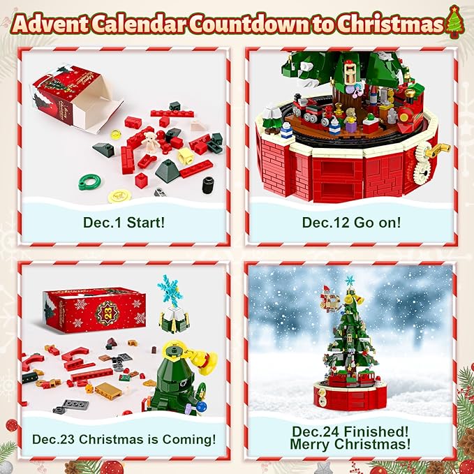 Ochido Advent Calendar 2025 Rotating Christmas Tree Building Blocks Kit, 24 Days Christmas Countdown Toy Building Set, Christmas Advent Calendars for kids Ages 6+, Xmas Gifts for Adults Teens Kids