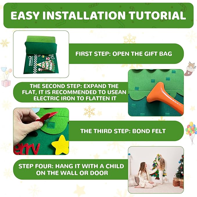 Onekka DIY Felt Christmas Tree for Toddlers with 32 pcs Detachable Ornaments+Snowman Advent Calendar, 3.2ft My First Christmas Tree, Xmas Gift for Kids with String Lights (Batteries Not Included)