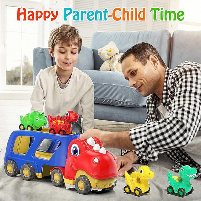 Veslier Toddler Car Toy for 2 3 4 5 Years Old, Dinosaur Transport Carrier Truck with 4 Pack Small Pull Back Dino Car, Friction Power Vehicle Christmas Birthday Gift for 18M+ Kids Boys Girls