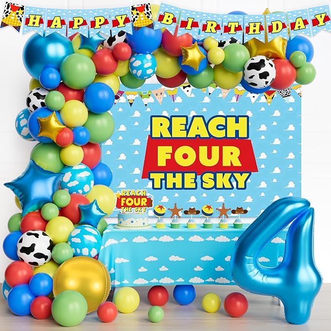 111 PCs Cartoon Toy 4th Party Decorations, Toy Themed Inspired Story Fourth Reach Four The Sky Birthday Decorations Backdrop Balloon Garland Arch Banner Tablecloth Cake Topper Blue