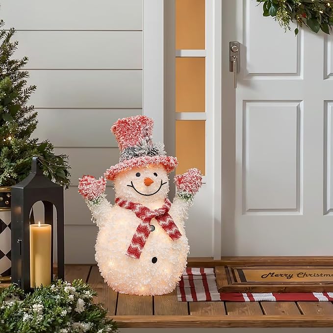 LuxenHome 2FT Lighted Snowman Outdoor Christmas Decorations, Battery Operated Frosted Snowman Christmas Decor with 35 LED Light, Xmas Decorations Outdoor, Indoor for Porch, Lawn Holiday Display