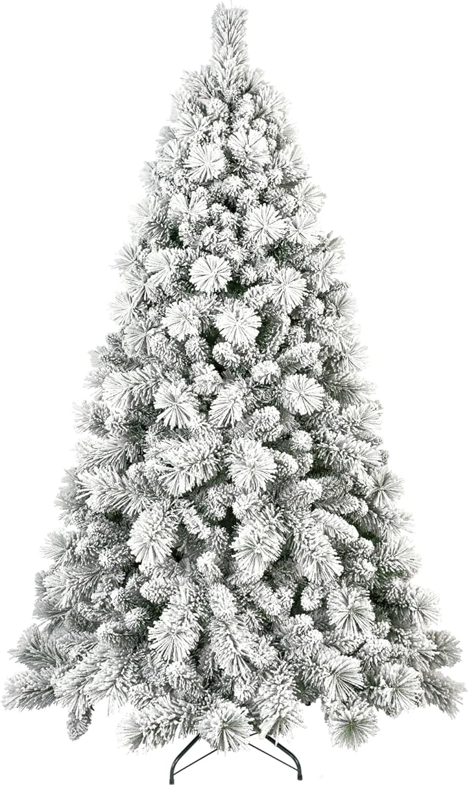8 Ft Unlit Snow Flocked Christmas Tree, Artificial Xmas Tree with 1445 PVC/PE Realistic Branch Tips, Metal Stand Decor for Holiday, Party, Home Easy to Assemble