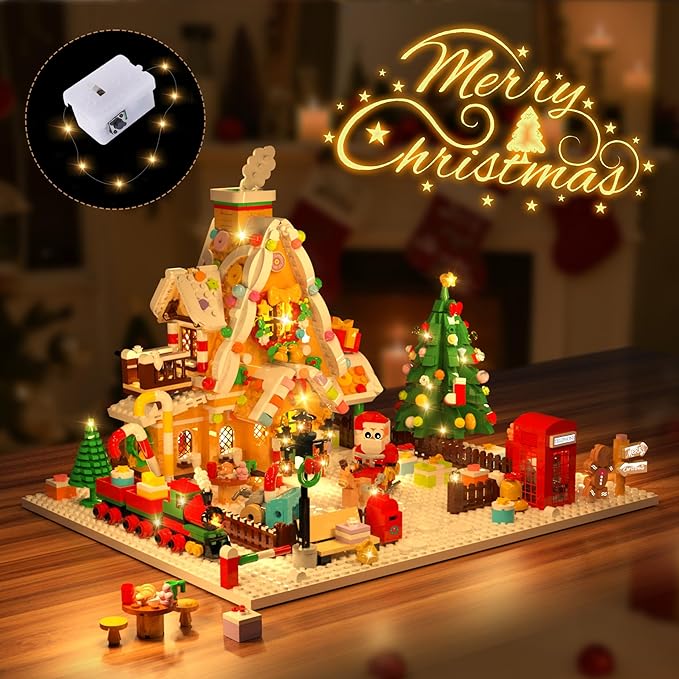 2025 Christmas Gingerbread House Courtyard Mini Building Set with Lights, Christmas Village Building Block Toy with Santa Xmas Tree Holiday Train Gift for Adults Boys Girls 14+ (1763PCS)