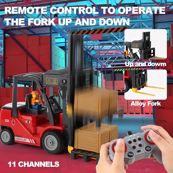 Remote Control Forklift Cranes 11 Channel 2 Mode RC Forklift Truck with Spray Sound and Lights Construction Toys 2.4Ghz 1:24 Scale Truck Toy for Toddler Kids for 3-7 Boys and Girls (Red)