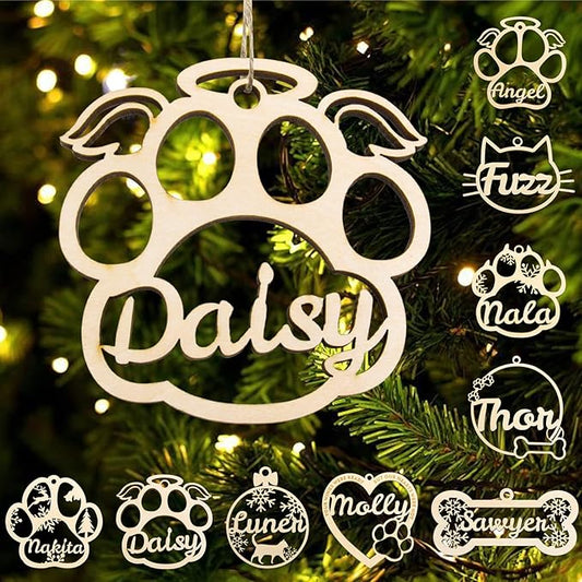 Personalized Dog Cat Paw Ornament Christmas, Custom Pet's Name Ornament, Customized Wooden Cat Paw Wings Ornaments for Christmas Tree