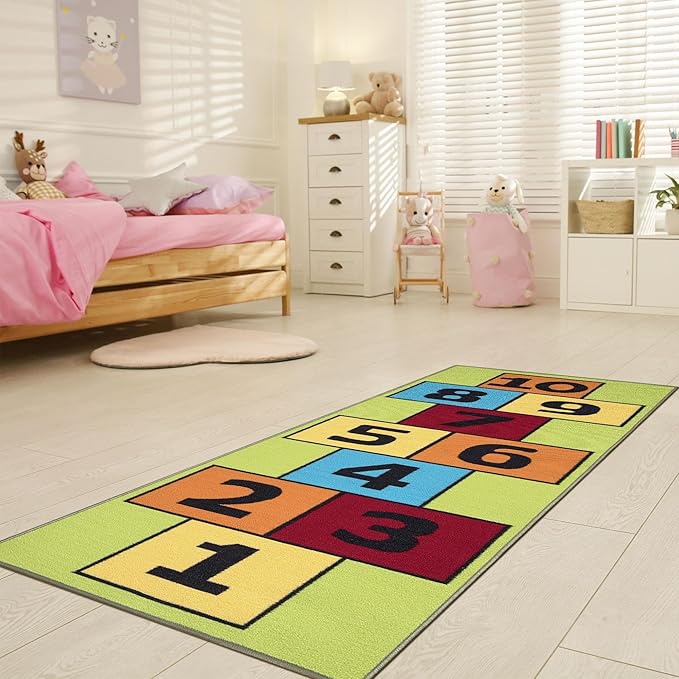 Ottomanson 2'7" x 6' Hopscotch Kids Rug - Play Mat for Playroom, Bedroom, Daycare & Classroom - Fun & Interactive Game Carpet - Durable and Non-Slip - Perfect for Learning & High-Traffic Areas, Green