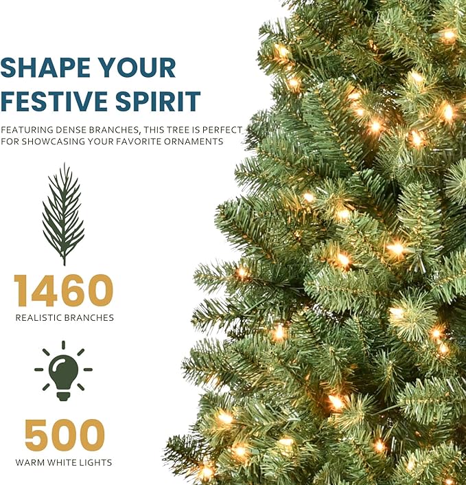 Kadunmina 8ft Pre-lit Christmas Tree, Prelit Artificial Spruce Xmas Trees with 500 Incandescent Warm White Lights, 1460 Branch Tips and Metal Stand for Home, Office, Holiday Decor,Green