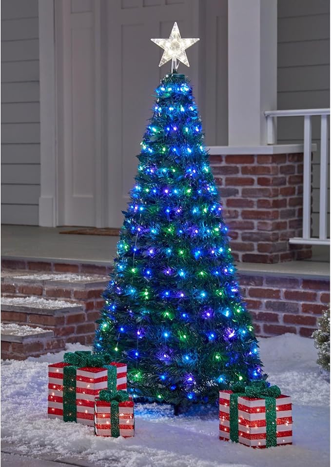 BrylaneHome 6 Ft Outdoor Pre-Lit Pop-Up Christmas Tree with Remote Control, 21 Lighting Options, Collapsible, Easy Assembly - Multi