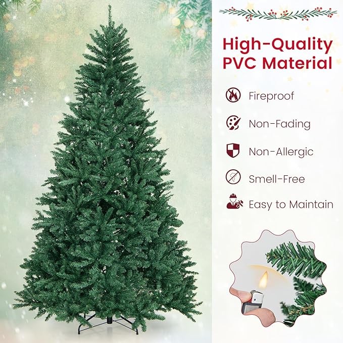 GOFLAME 7.5 FT Artificial Christmas Tree, Hinged Xmas Tree with 2254 PVC Branch Tips and Folding Metal Stand, Lifelike Christmas Decoration Tree for Home, Office, School, Easy Setup, Green