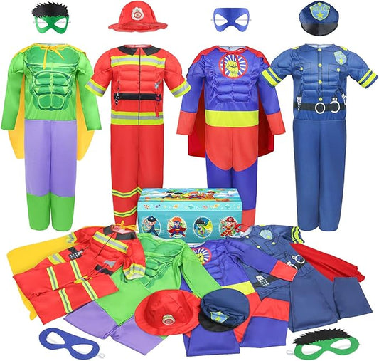 Boys Muscle Chest Dress up Costumes Trunk with Superhero, Policeman, Fireman Costume, Kids Pretend Role Play Costumes Set, Boys Dress up Clothes for Kids Ages 3 4 5 6 7