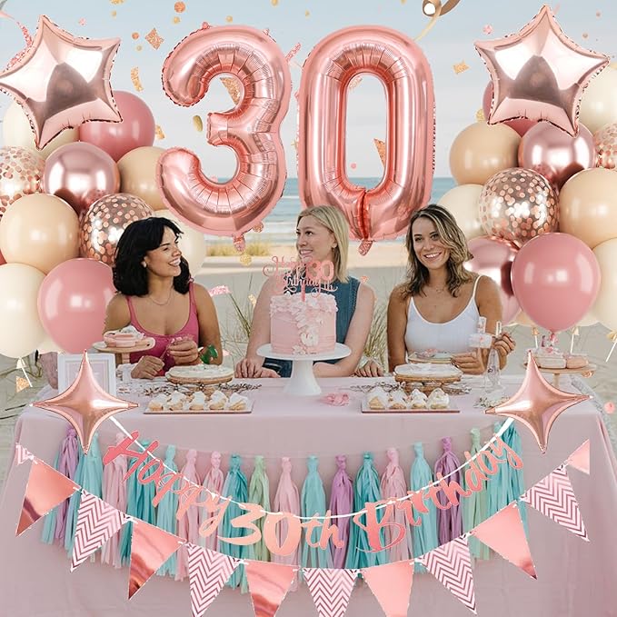 30th Birthday Decorations for Women, Retro Pink Beige Number 30 Balloon Set Happy 30th Birthday Banner Cake Topper Dusty Pink Nude Rosegold Star Balloons for Her 30 Year Old Bday Party Decor