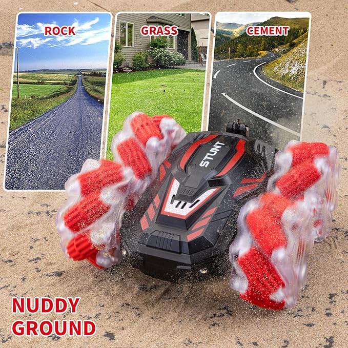 RC Stunt Car, Double-Sided 360° Flips, 4WD 2.4 GHz Gesture Sensing RC Cars with Cool Lights and Music, for Boys Aged 6-12, Great Birthday Presents, Toy Cars (Red)